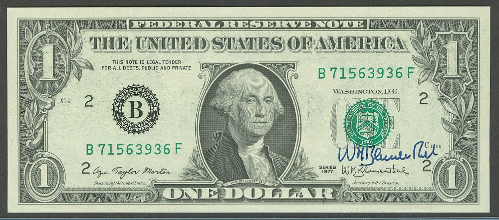 Fr.1909-B, 1977 $1 FRN, Treasury Secretary Blumenthal Autograph, B17563936F, ChCU